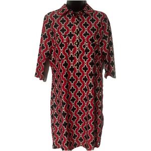Jude Connally Collared Red Black Geo 3/4 Sleeve Sheath Nylon Dress Small